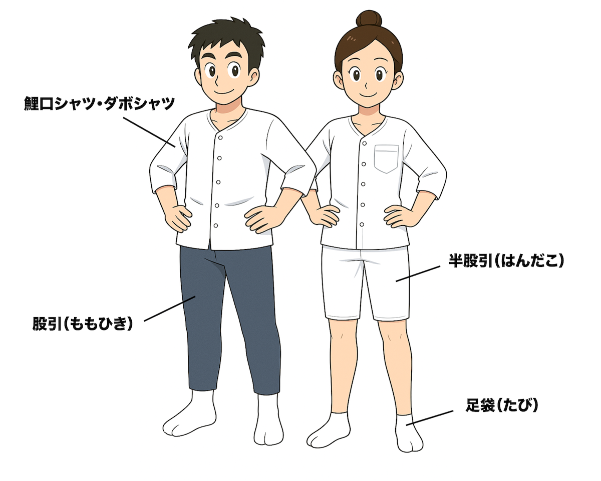 お祭り衣装の見本（鯉口シャツ・ダボシャツ、股引、足袋の説明付き）